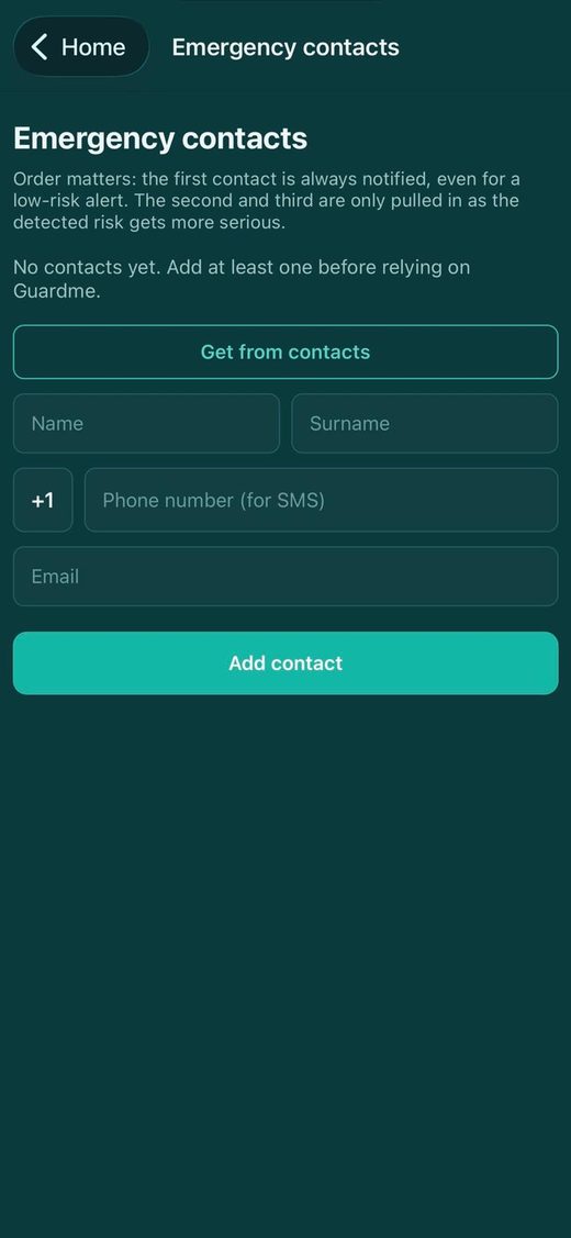 Guardme Emergency contacts screen