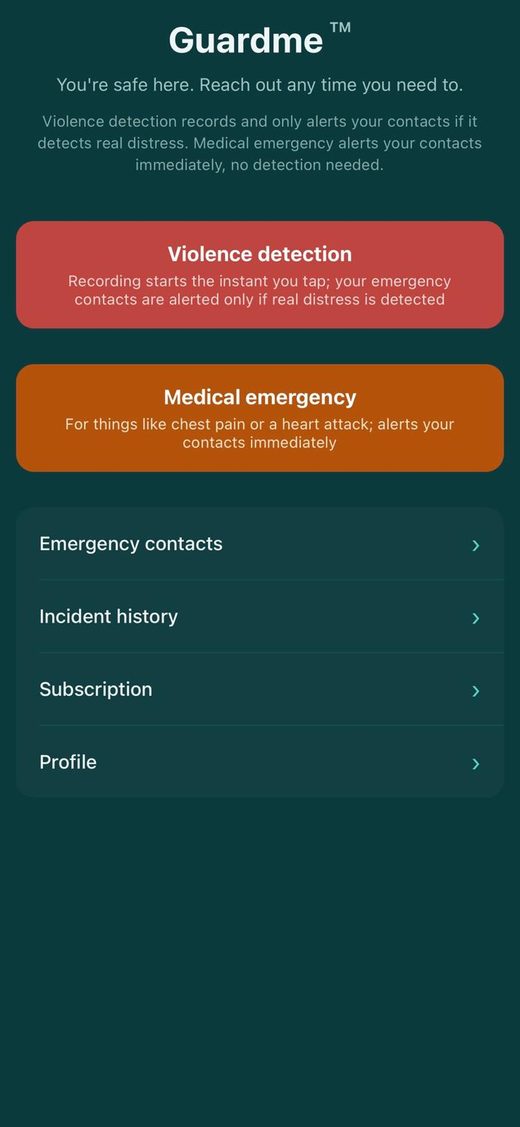 Guardme Home screen with Violence detection and Medical emergency buttons